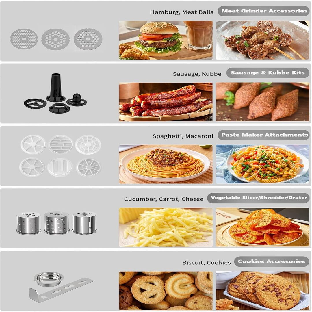 Pasta maker, food grinder, slicer and shredder attachments and kits  to make sausage and kibbe too.